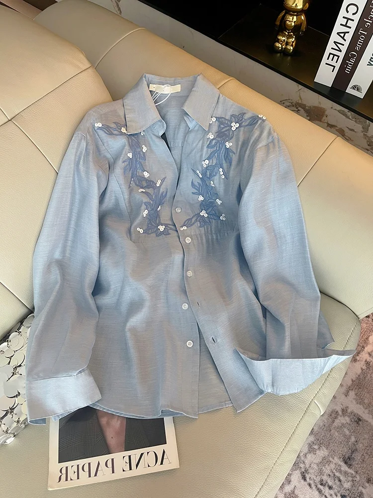 

Голубой вышитый Long Sve irt Тонкий повседневный свободный крой Мужской повседневный рукав для осеннего сезона