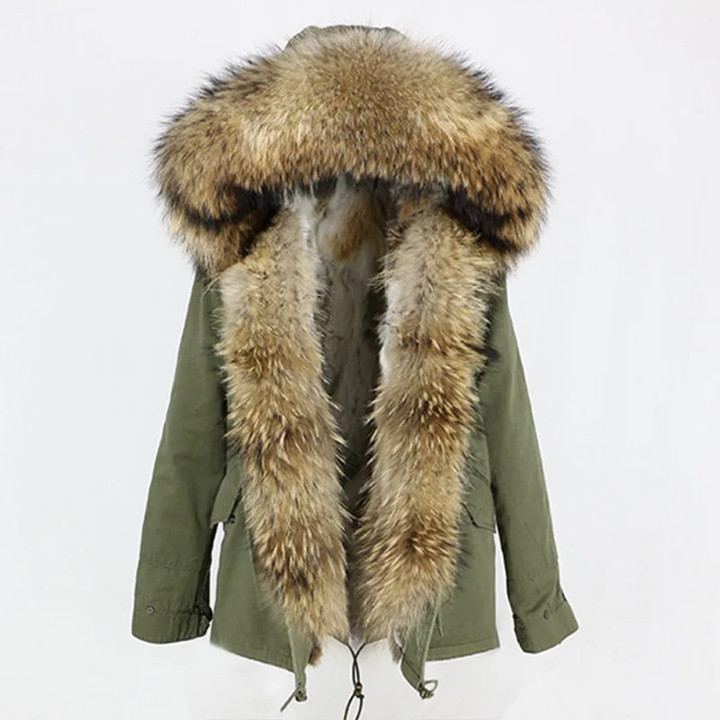 Winter 2025 new thermal parka removable thickened rabbit fur liner raccoon fur collar thickened warm