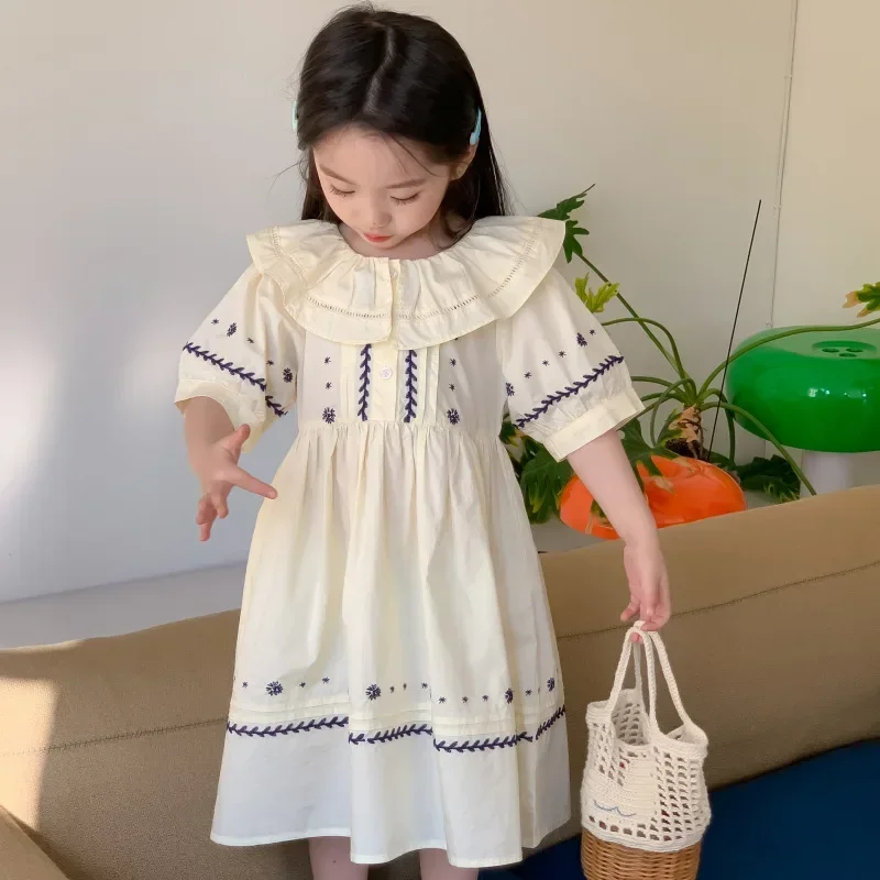 Retro Embroidery Kids Dresses Korean Style Loose Elegant Girls Casual Dress Puff Sleeve Spring Summer Children Clothes