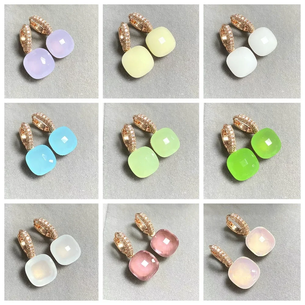 12.6mm Flat Candy Color Earrings Inlay Zircon Blue Topaz Crystal Drop Earrings for Women Fashion Jewelry Gift Trendy Party