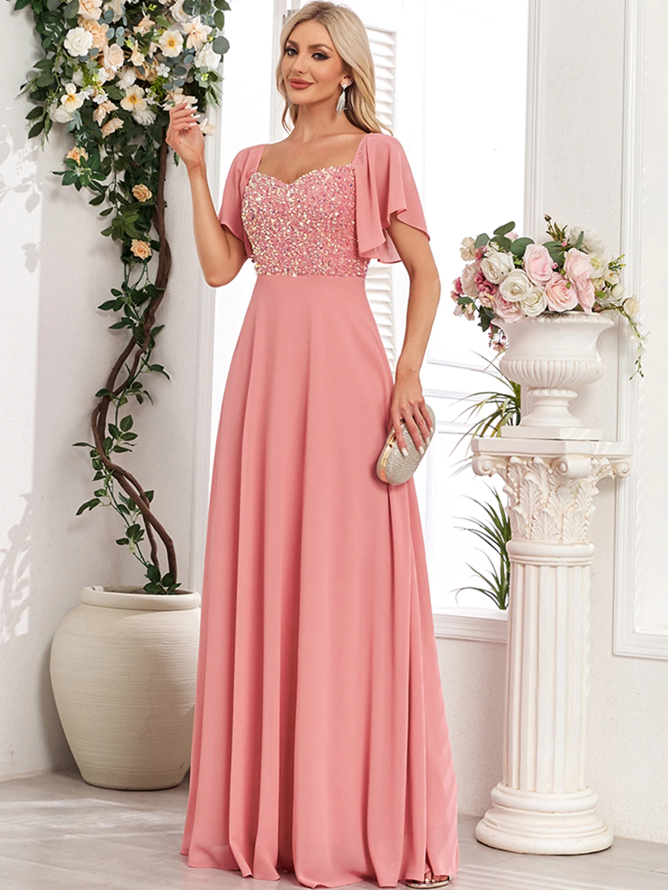 Sexy backless pink Chiffon long dresses women elegant luxury wedding prom evening dresses women sequin maxi summer dress vestido