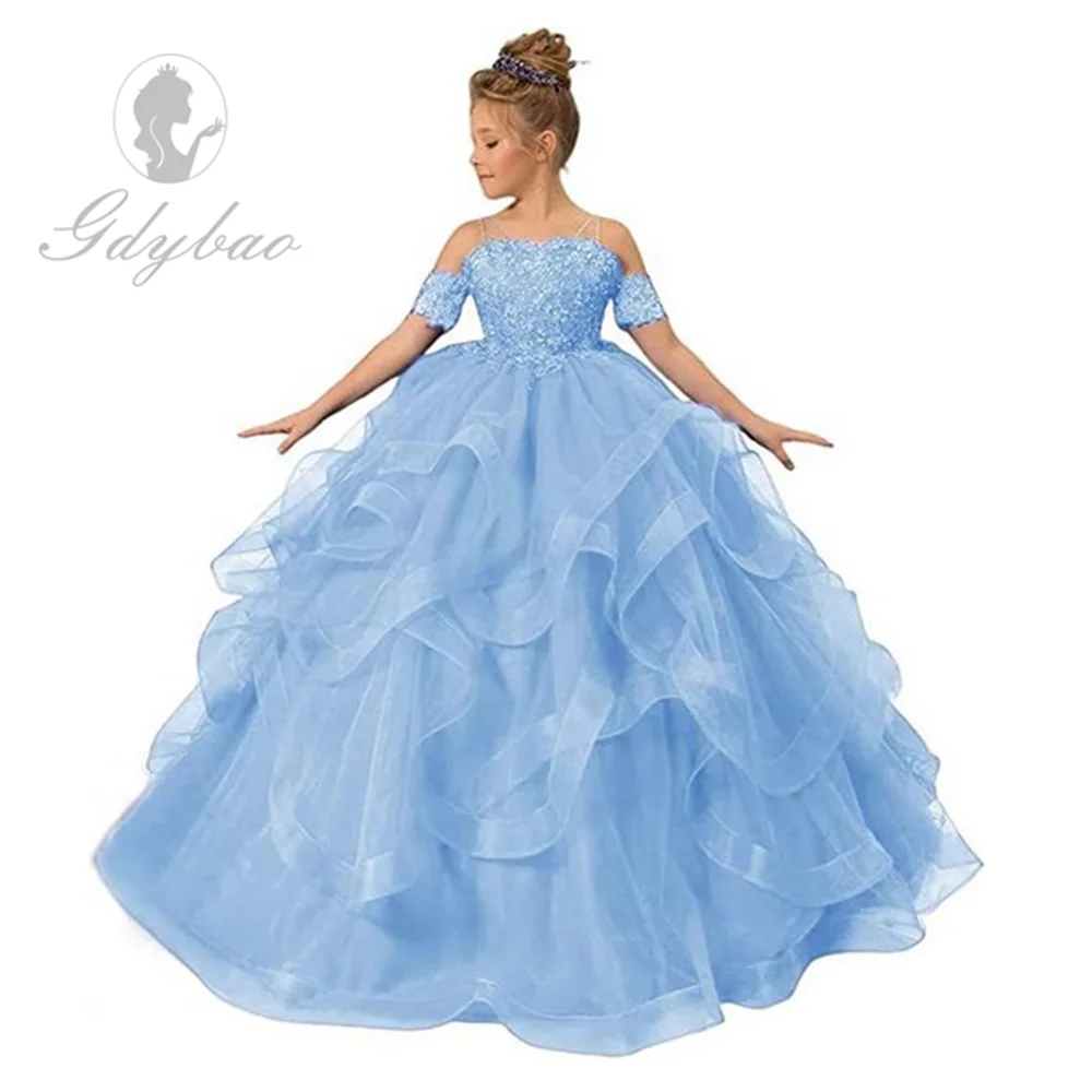 Abiti da ragazza di fiori gonfi neri per perline da sposa cinturino per Spaghetti bambini abbigliamento formale Ruffles Tier Tulle vestito da prima comunione