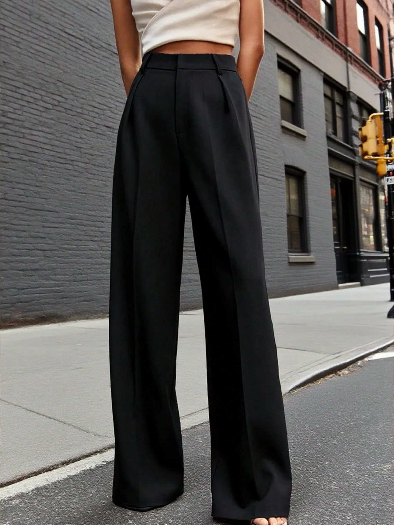 

Women's Solid Black Wide Leg Trousers Casual Elegant Office Wear Spring