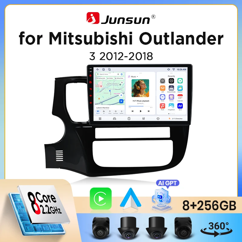 Junsun Wireless CarPlay Android Auto Autoradio für Mitsubishi Outlander Mk3 (GF/GG) 2012-2021 mit integriertem Lüfter, Android GPS-Navigation, Multimedia-Player, WiFi, DSP, RDS, BT, SWC,