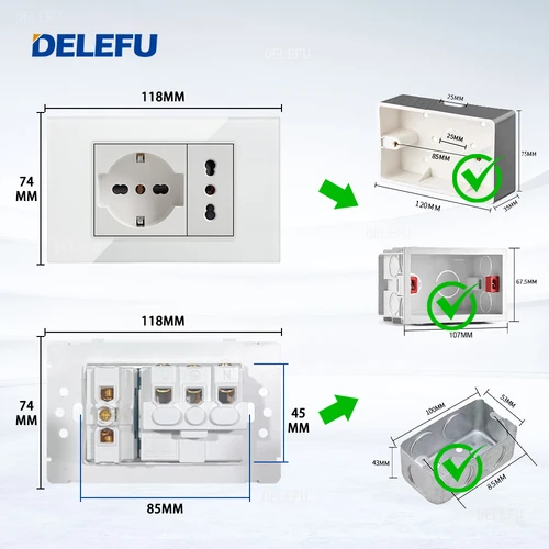 Imagen 2 del producto DELEFU-Panel de cristal SC70 de 118mm, blanco, estándar italiano, USB tipo C, interruptor de toma de pared de carga rápida, TV, teléfono, CAT5, CAT6