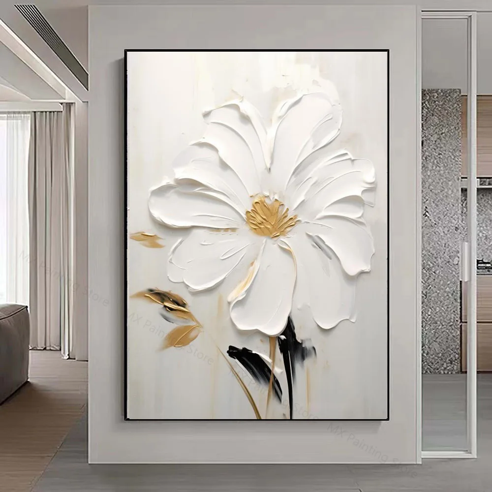 Abstract White Flower Oil Painting On Canvas,Textured Flowers Painting,Living Room Wall Decor Art Print Pictures Wall Art Poster