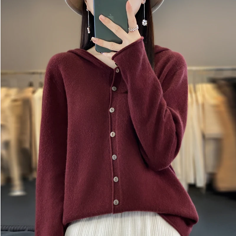 Autumn and winter new 100% pure wool cashmere sweater women\'s hooded cardigan casual sweater fashion solid color loose top