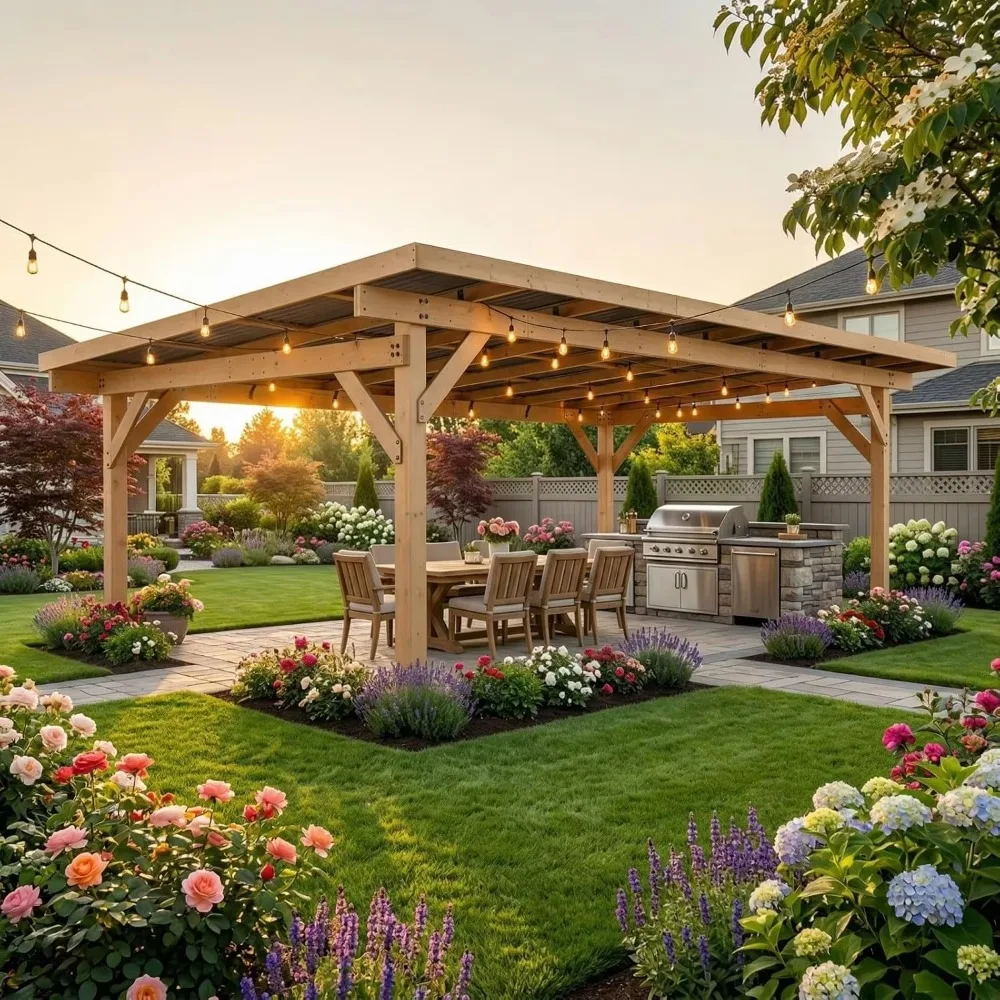 17x10 Ft Outdoor Cedar Wood Gazebo with Double-Layer Reinforced Beams, Heavy Duty Wooden Pavilion with Weatherproof, Customized