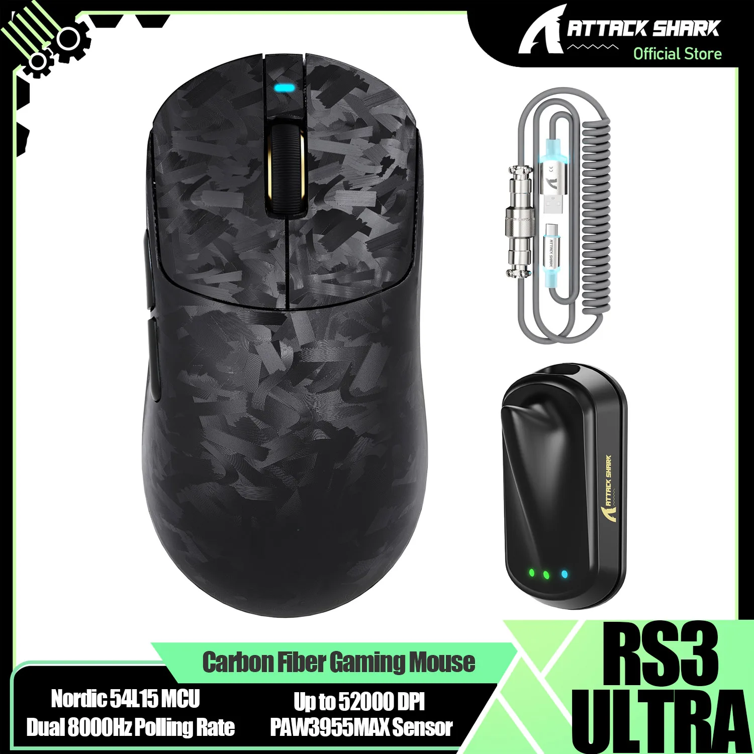 ATTACK SHARK RS3 Ultra 69g Carbon Fiber Wireless Gaming Mouse, PAW3955MAX Sensor, Nordic 54L15 MCU, Up to 52000 DPI, 20000 FPS