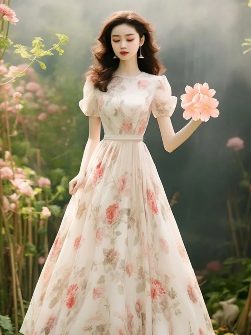 새로운 고급스러운 파티 드레스 여성 슬림 웨이스트 반팔 O넥 플로럴 A라인 패션 롱 드레스 오피스룩 베스티도스