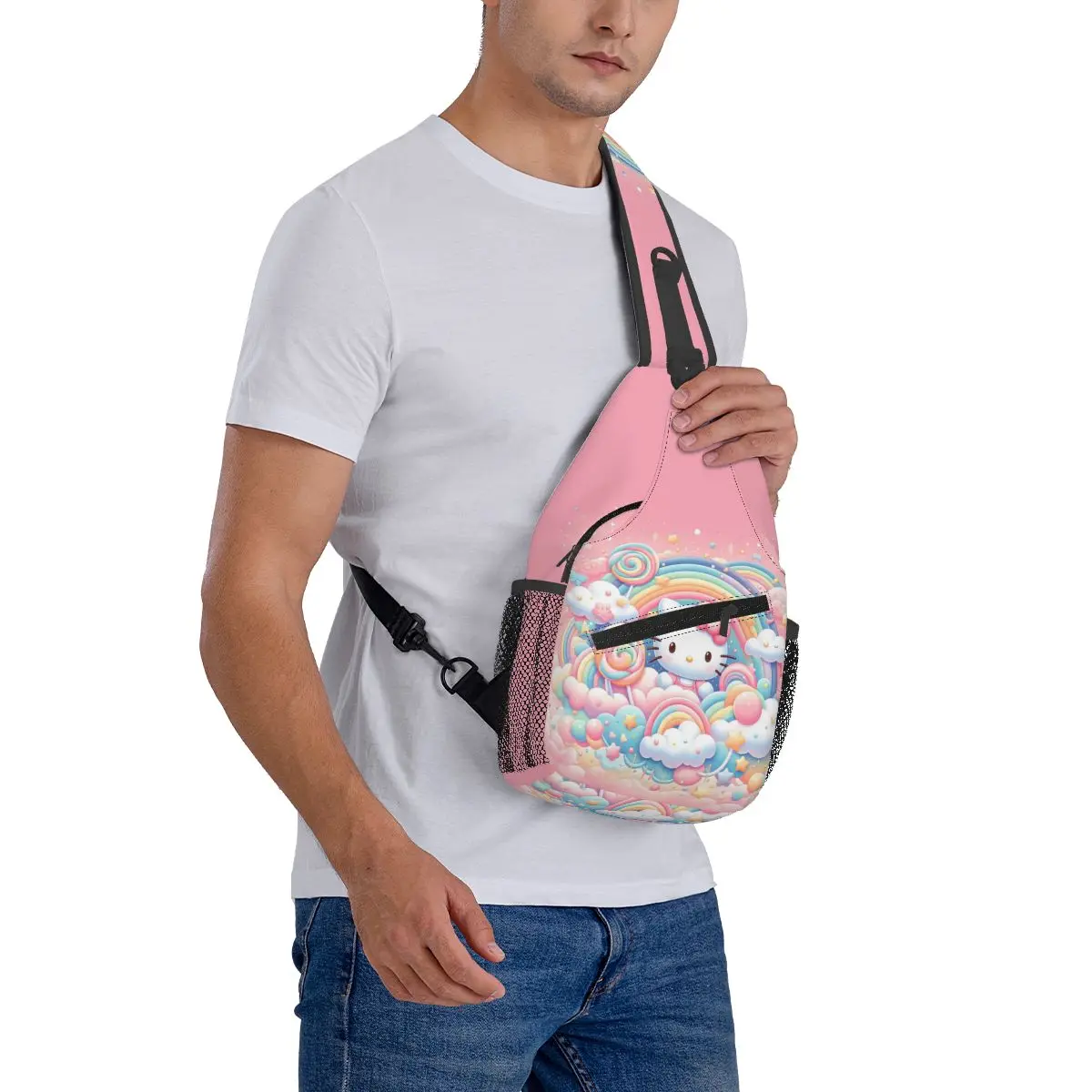 Zaino a tracolla personalizzato Hello Kitty simpatico cartone animato donna uomo borse a tracolla casual per viaggiare escursionismo borsa a tracolla