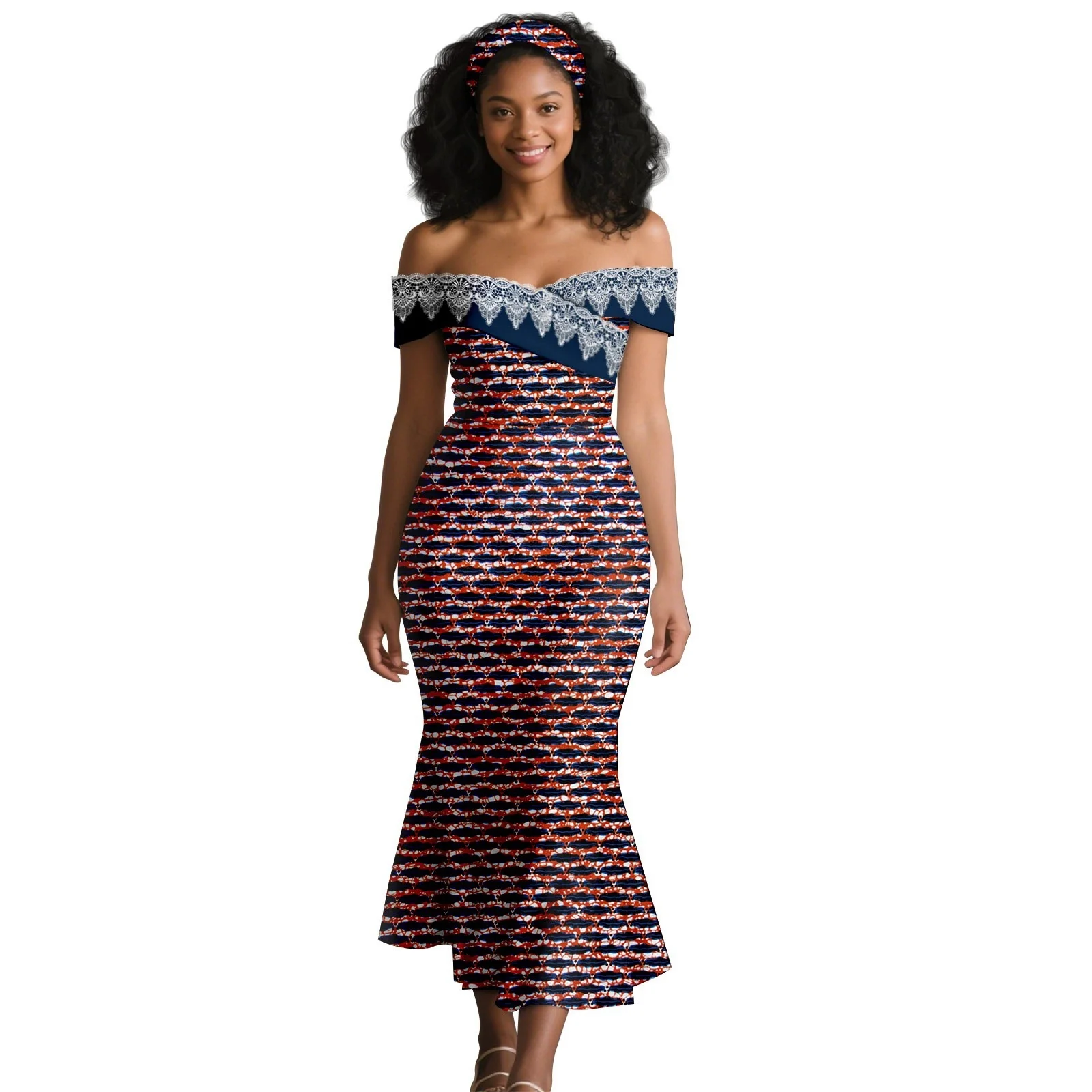 

African Clothes Off Shoulder Sexy Mermaid Dress with Headtie Party Evening Event Date Gown Dashiki Ankara Dress Trumpet Dress