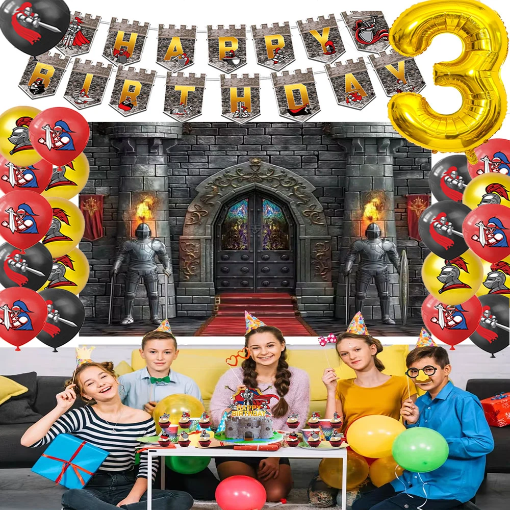 

Middle Ages Armored Knight Theme Birthday Party Supplies Decoration Latex Balloons Banner Backdrop Cake Topper Baby Shower Gift