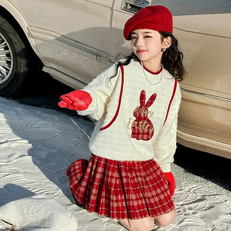 

Elegant Princess Girl Clothes Sets Autumn Winter Red Plaid Pleated skirt + Cartoon Rabbit Pullover Sweater Top Child's Outfits