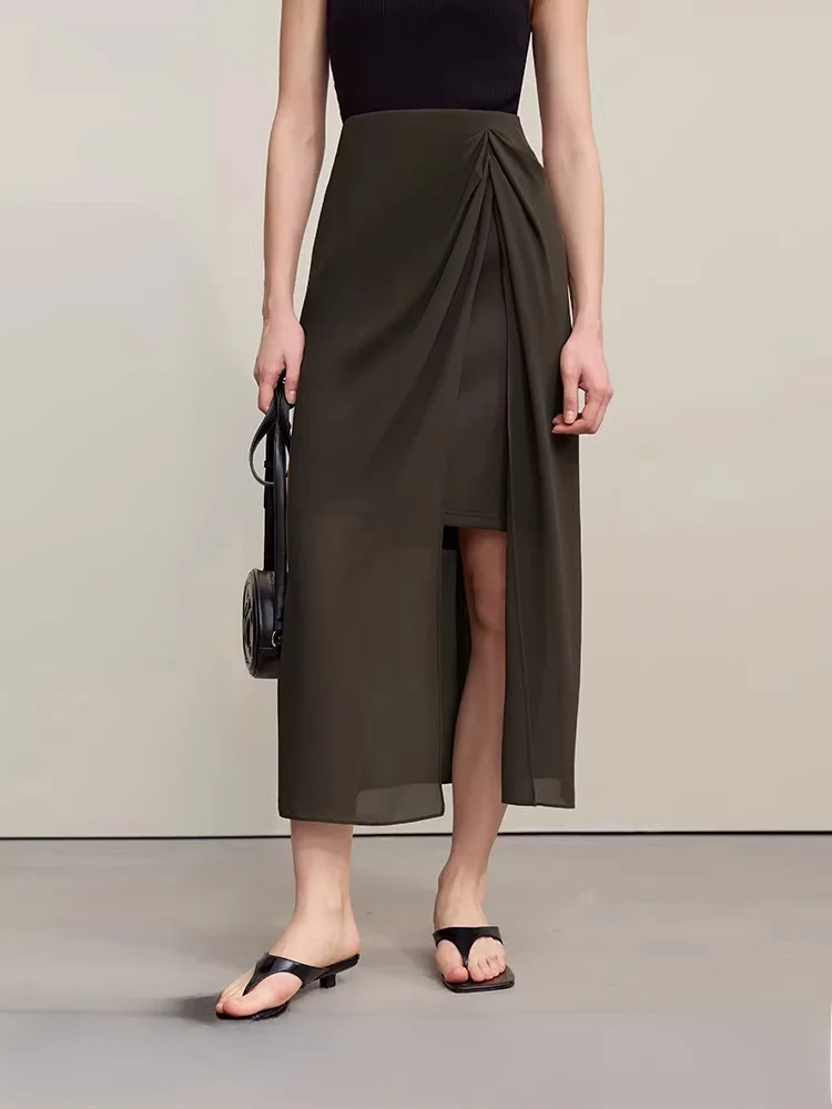 

Женская плиссированная юбка i Commuter Sle Pleated Pearl Antung Air Layer с высоким разрезом, черная, для повседневной носки и поездок на работу