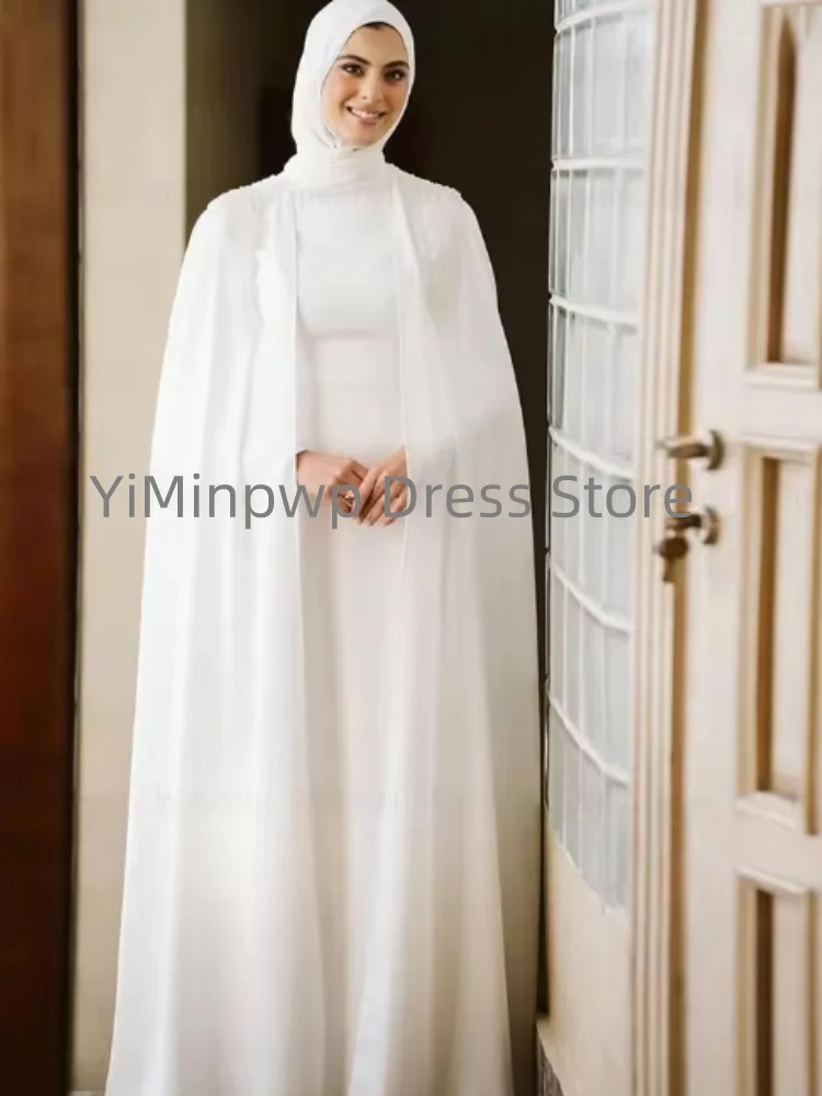 فساتين زفاف إسلامية مع حجاب بأكمام طويلة وياقة عالية فستان عروس على شكل حرف A مع زر مزين بالخرز فستان زفاف مخصص