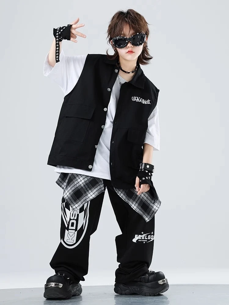 Novos meninos hip hop roupas preto colete calças verão crianças traje de dança rua tambor mostrar roupas meninas jazz palco outfits bl15984
