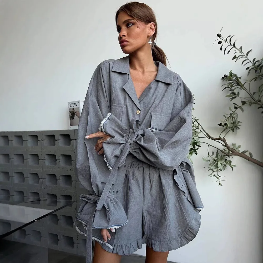 Oversize Women's Pajama Set Solid Ruffles Long Sleeve Spring Autumn Ladies Sleepwear 2 Pcs with Shorts Loose Homewear for Female