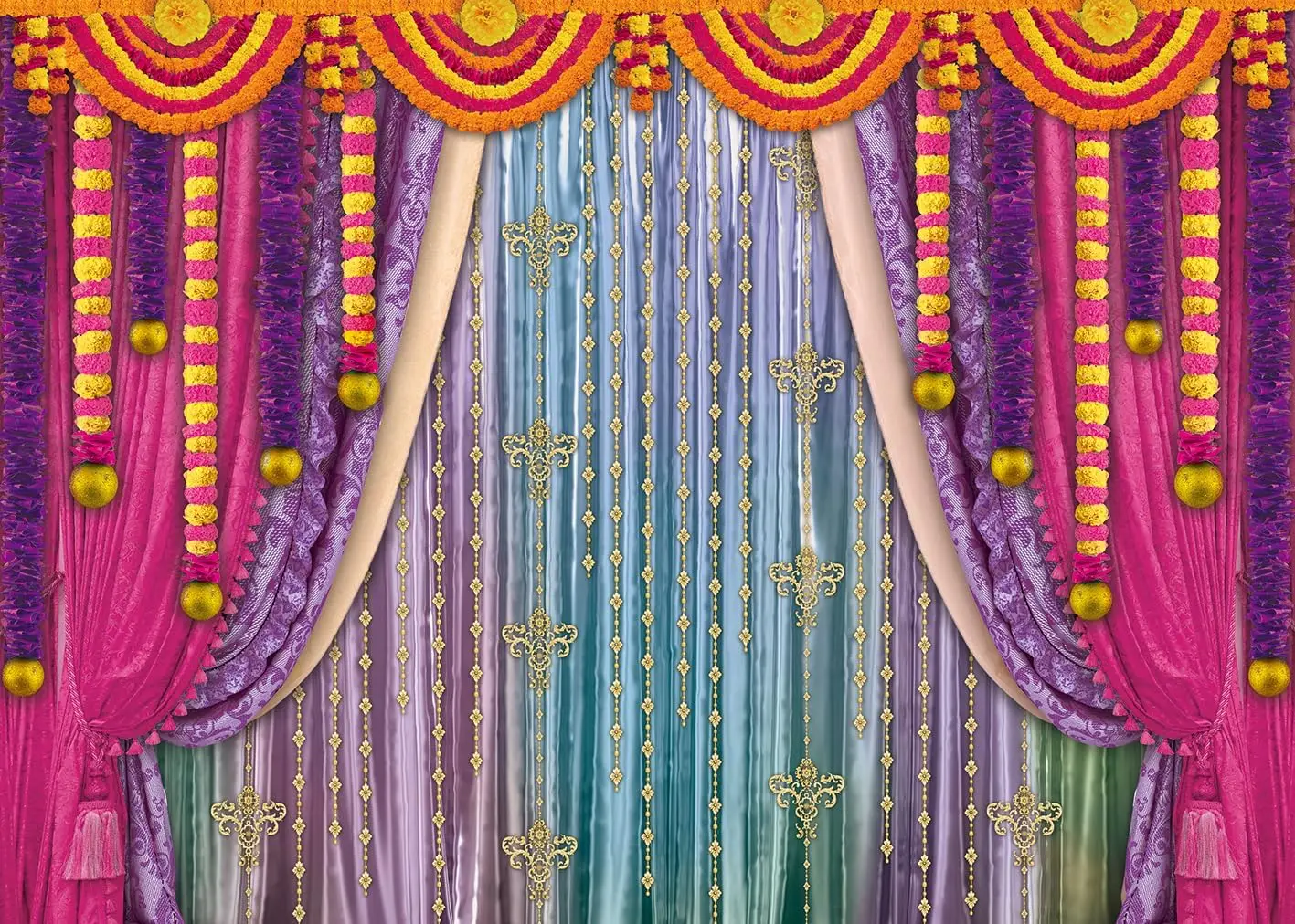 Hindu Boho Curtain Marigold Indian Deepavali Diwali party photo background photography backdrop studio