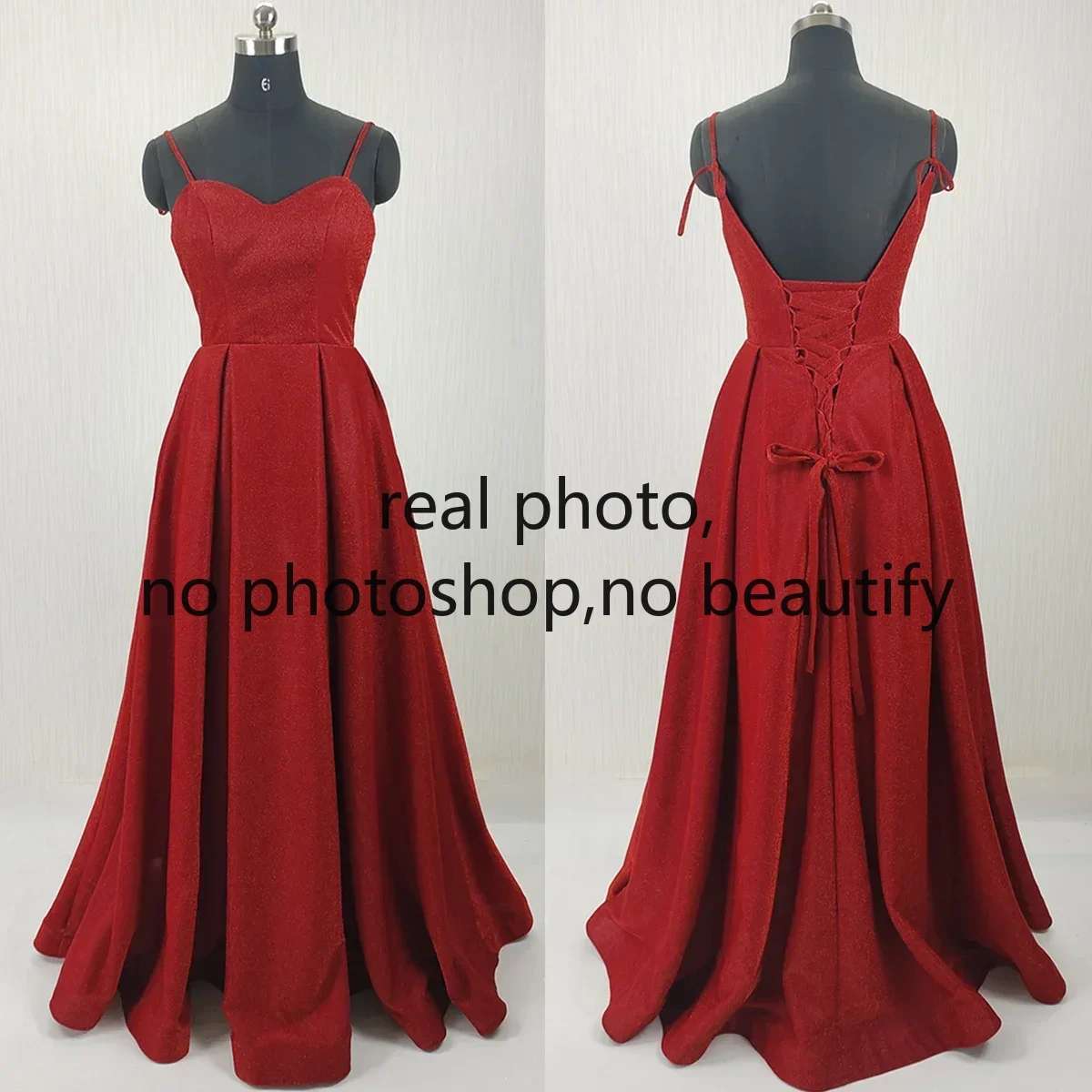 Personalizado foto real vestido de noite vermelho brilhante alças sgaphetti a linha plissado até o chão plus size feminino festa formal vestido k327