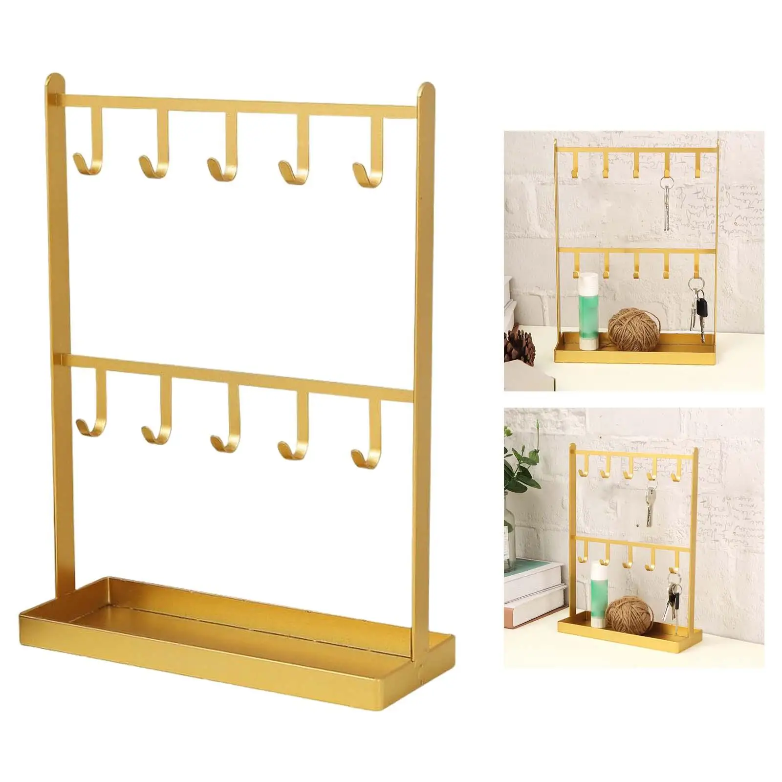 

Metal Jewelry Storage Rack with Tray Tree Rack Modern Space Saving Tabletop Jewelry Organizer for Sundries Pendants Chains Gold