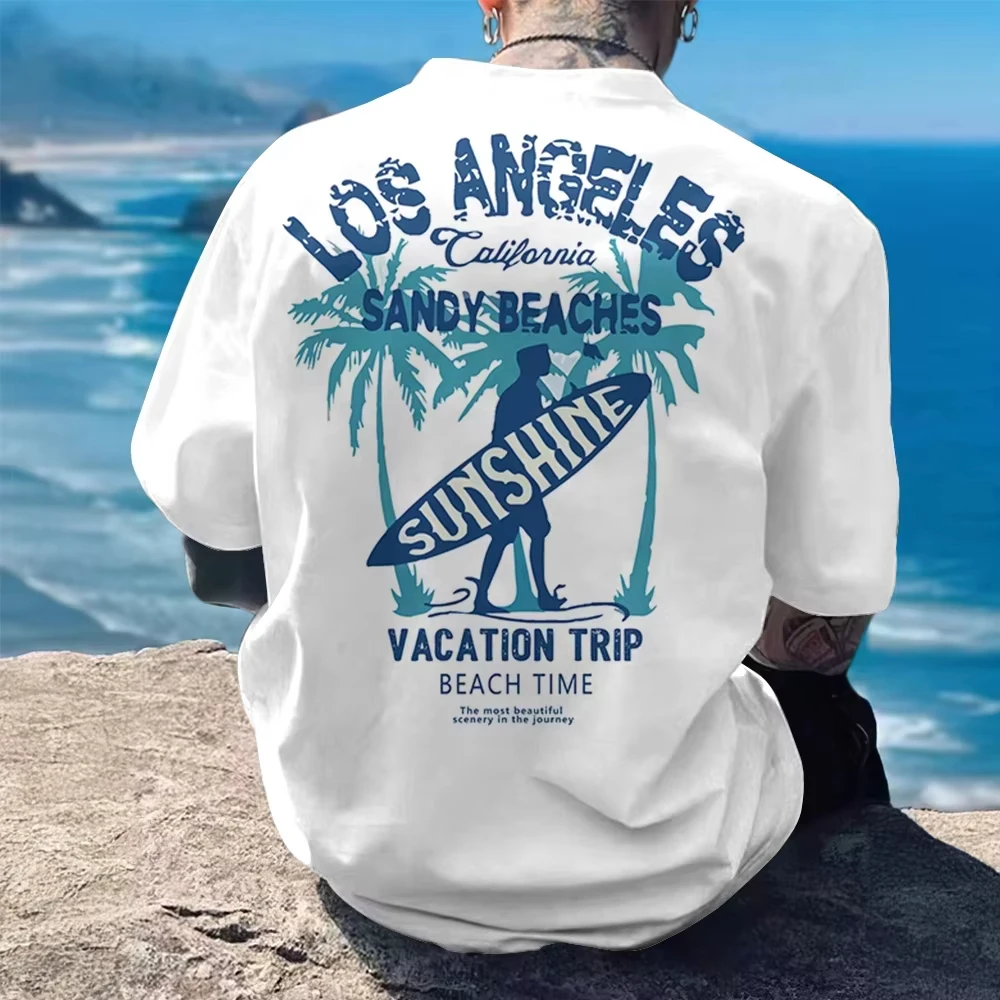 2026 Los Angeles California Beach Surf Print T-shirt Men Summer Casual Loose Short Sleeve Tee