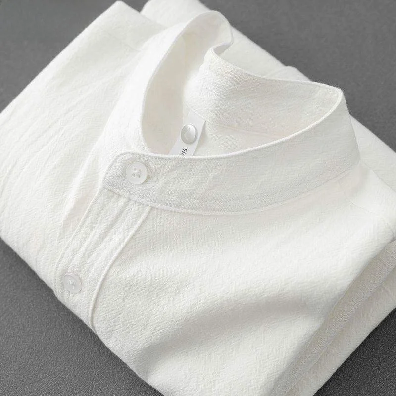 

Summer Men's Short Sleeve Shirt Pure Color Linen Stand Collar Henry Collar Single Wear Base Layer Two-Way Wear Beige White
