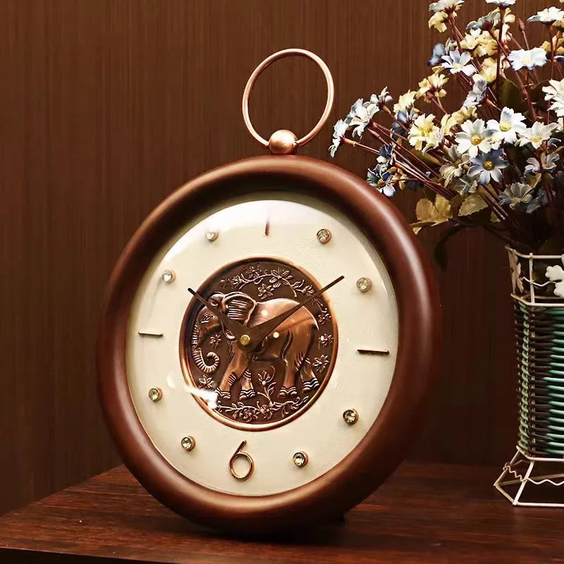 Solid Wood Table Clock Simple Office Clock Living Room Bedroom Decoration Desk Clock Classical Leather Decor Desktop Watch