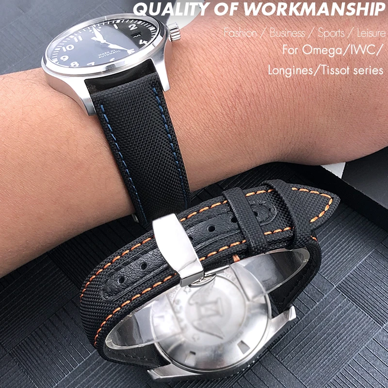 

20mm 22mm High Quality Nylon Canvas Watchband for Omega Seamaster IWC Longines SEIKO SKX 19mm 21mm Leather Bottom Watch Strap