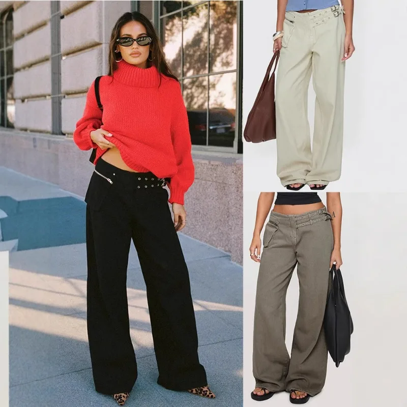 2025 Personalized Street Adjustable Buckle Waist Side Pocket Details Loose Trousers