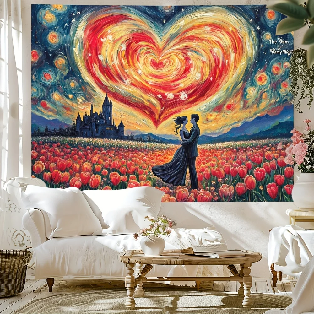 

Гобелен «Сердце в небе» — романтическая пара, яркие цветы, детальные произведения искусства и мечтательная атмосфера для домашнего декора с тематикой любви