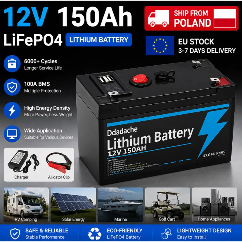 Image of EU-Lagerbestand: 12V 150Ah LiFePO4 Lithium-Batterie mit USB-Anschluss, BMS, Deep-Cycle-Solarbatterie für Solarladung, Fischfinder, Marine, Camping, netzunabhängige Stromversorgung