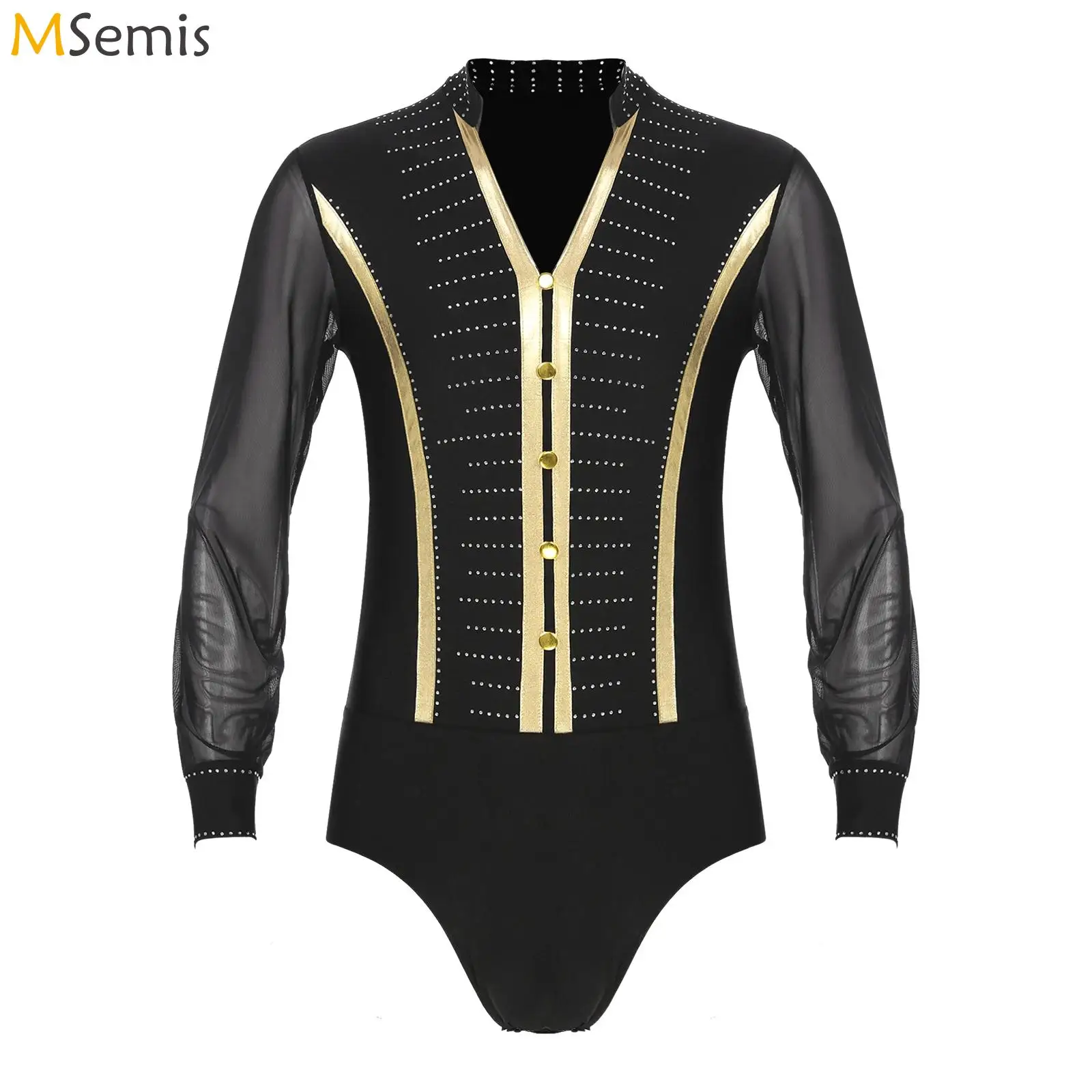 Men\'s Waltz Latin Tango Rumba Dance Shirt Rhinestones Gymnastics Leotard Bodysuit Ballroom Dancewear Shirt Top Halloween Costume