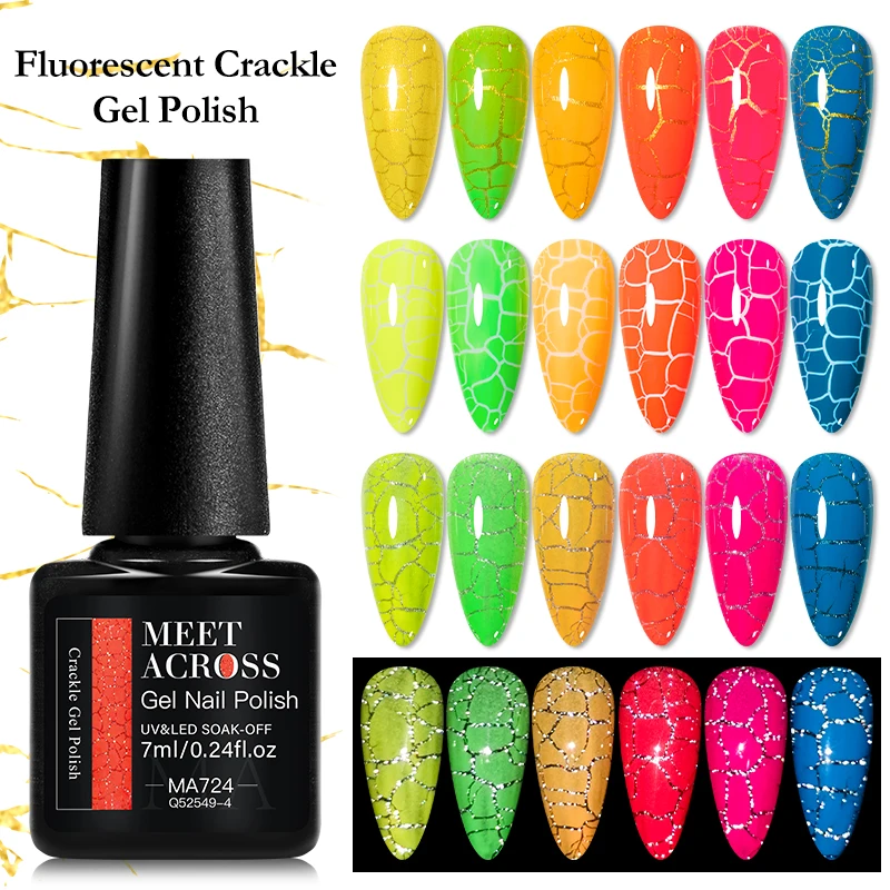 

MEET ACROSS 7ml Fluorescent Crackle Gel Nail Polish Summer Neon Nails Semi-permanent varnish UV Gel Nail Art Nail material
