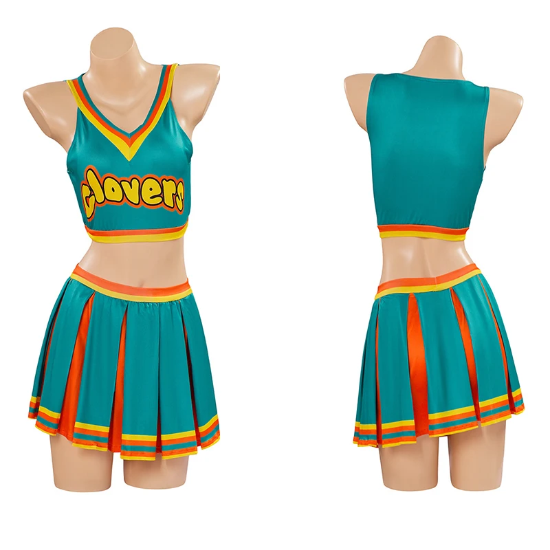 أحضر ذلك على زي المشجع للبالغين باللون الأخضر الداكن ملابس المشجع فستان بتصميم حالم بدون أكمام تنورة صغيرة لزي الهالوين