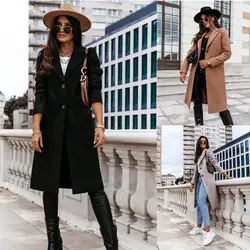 Warm Jacket Women Fashion Double Breasted Solid Colors Long Coat  Buttons Khaki Black Beige Basic Streewear Windbreaker