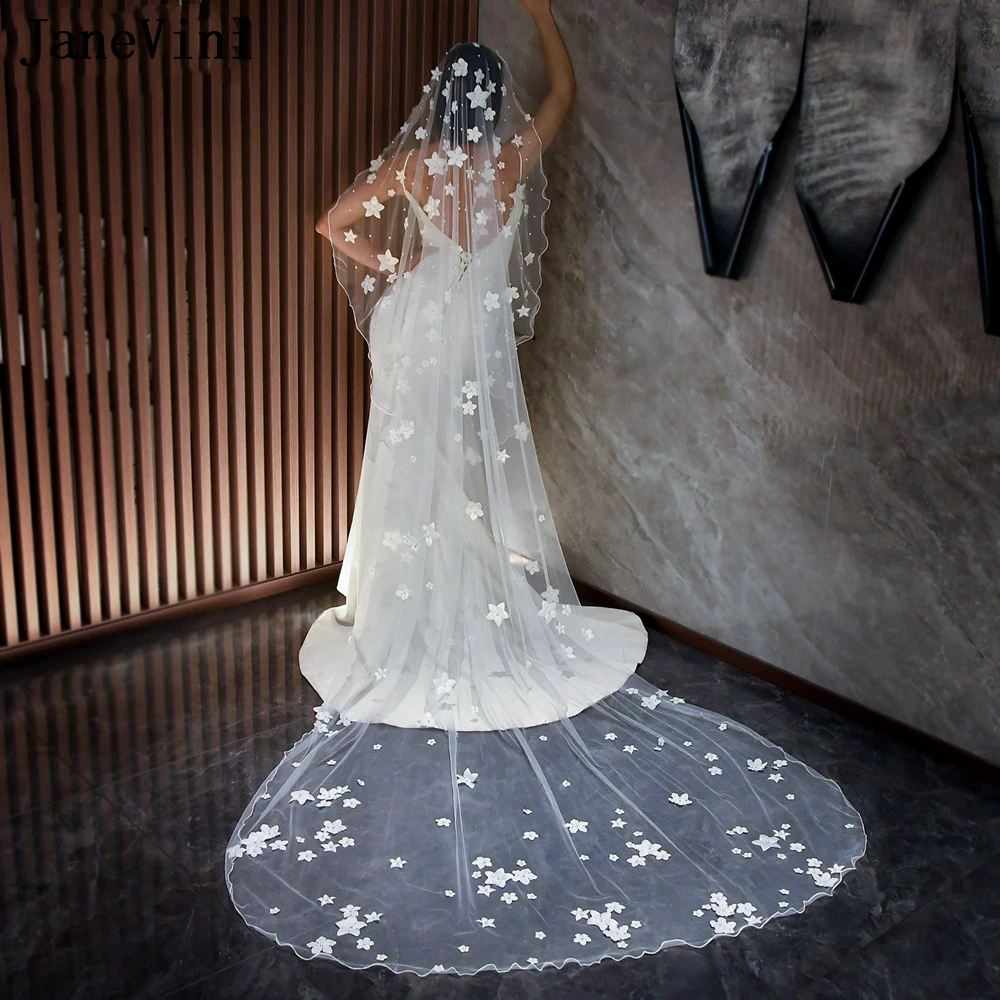 

JaneVini Luxury Pearl Cathedral Wedding Veil for Brides 2023 with Flowers 1 Tier Comb Long 3 Meters Tulle Bridal Veils One Layer