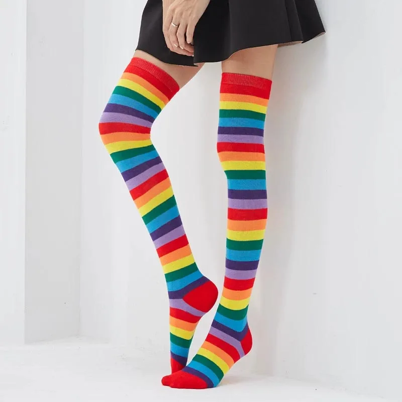 2 Pair Rainbow Stripes Long Kawaii Lolita Cotton Long Striped Thigh High Stocking Anime Strip Zebra Cosplay Over Knee Socks LGBT