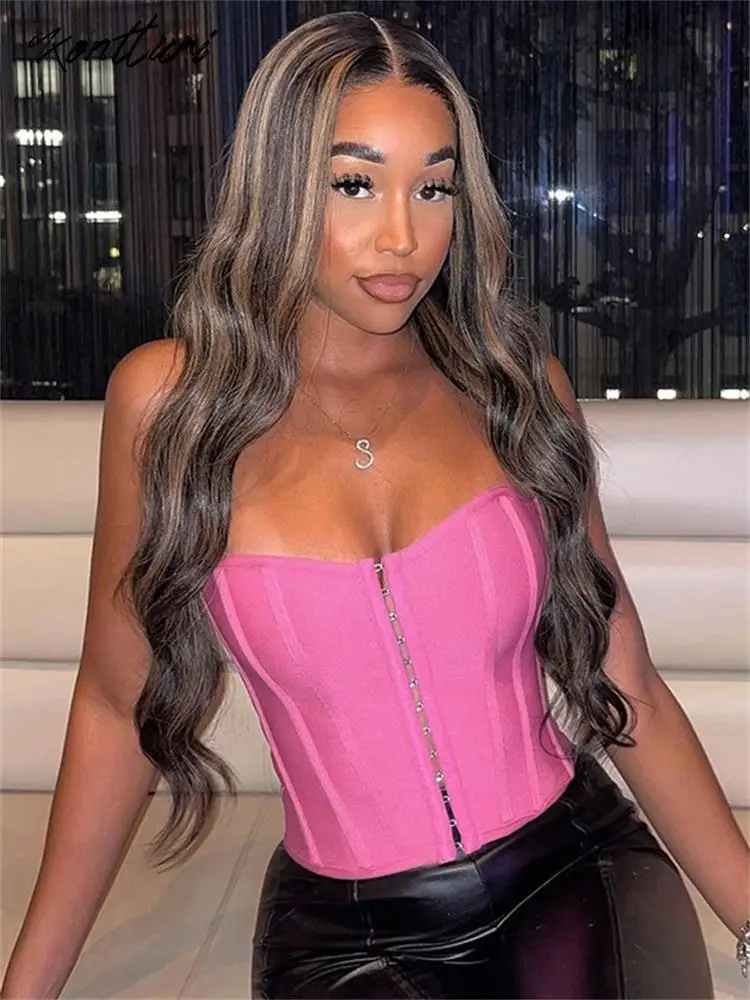 Kontturi Summer Fashion Solid Backless Clothings For Women 2023 Strapless Bodycon Pink Corset Purple Crop Tank Top Female