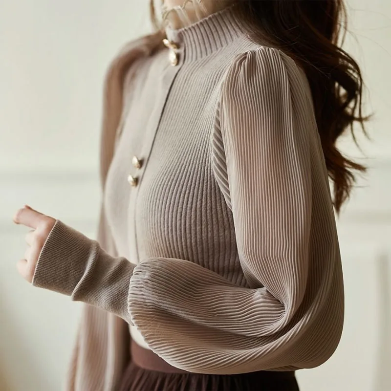 Autumn Fashion Solid Color Splice Chiffon Half High Neck Bubble Sleeve Versatile Slim and Fashionable Women\'s Knitted Sweater