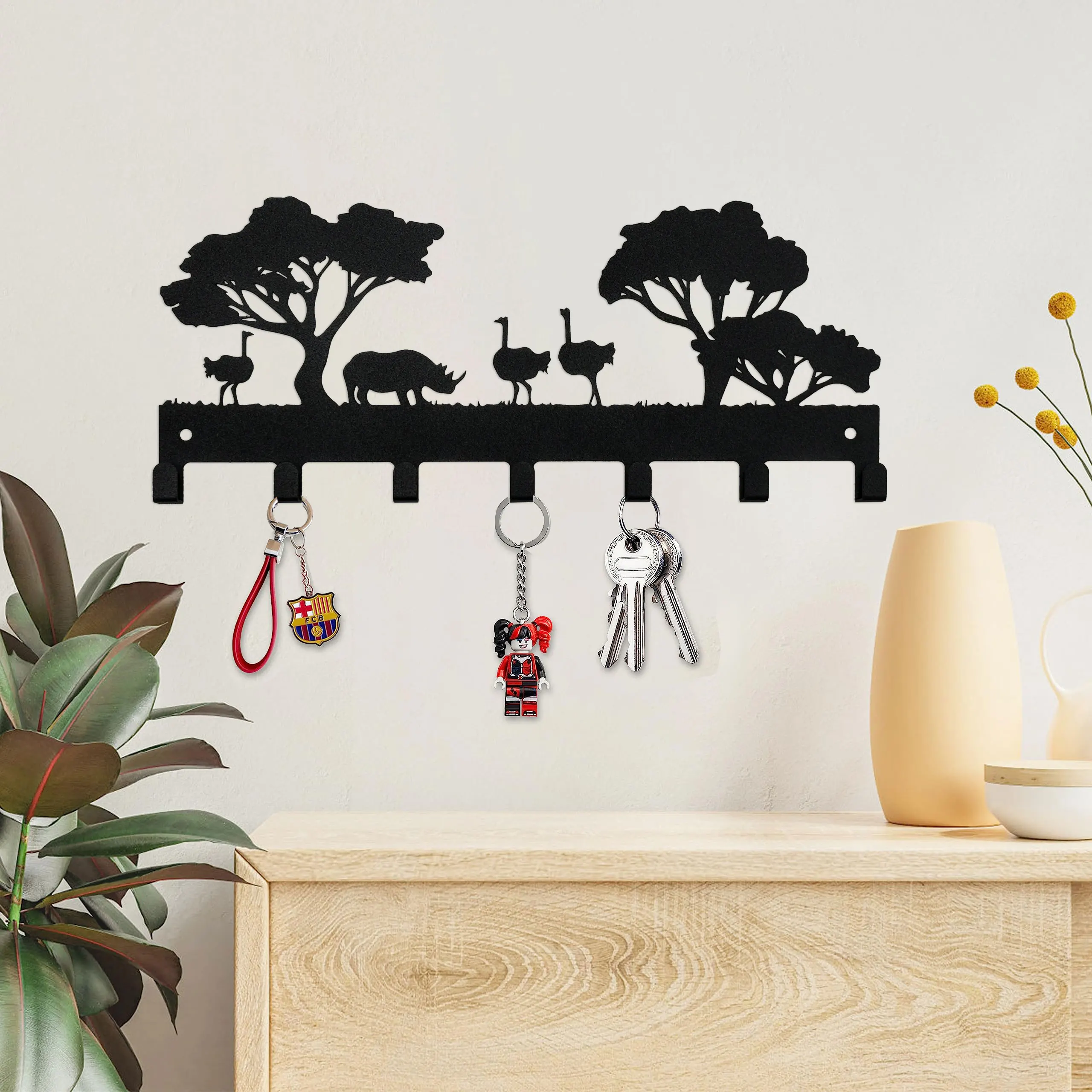 Metal Ostrich Key Organizer Wall Decorative with 7 Hooks, Black Wall Mount Key Holder for Entryway Key Holder for Wall Decor