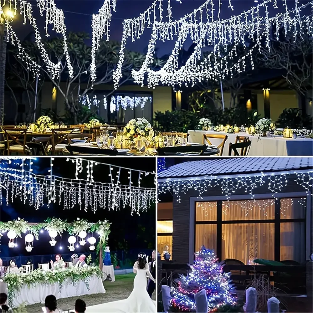 Solar Curtain Icicle Lights Outdoor Eaves Decoration Lights 8 trybów oświetlenia Wedding Christmas Party Garden Fairy Lights String