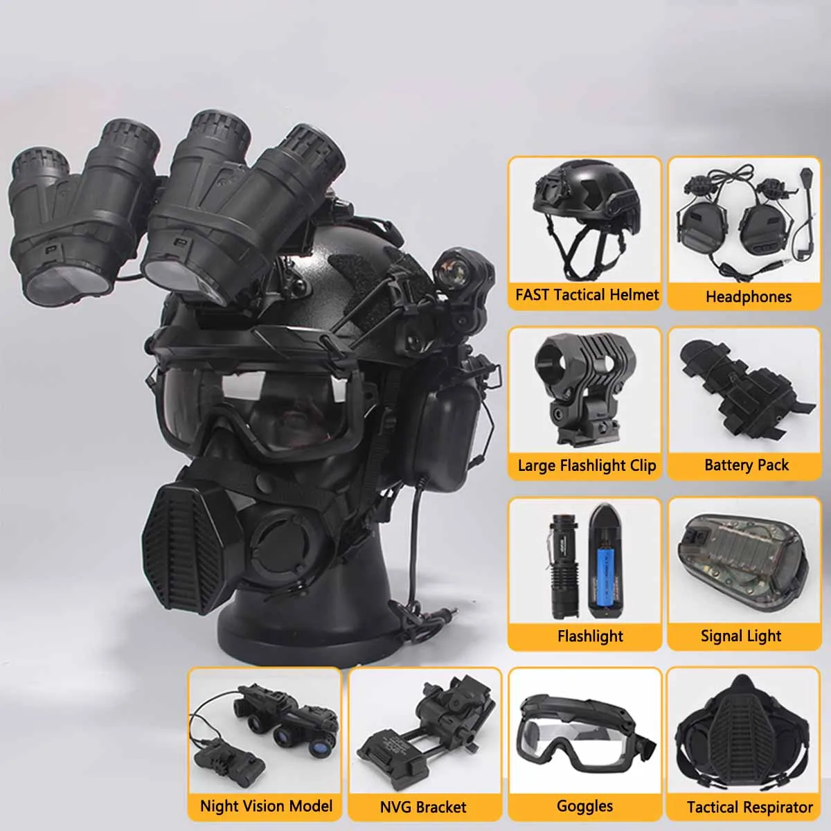 FAST Tactical Helmet Set with Night Vision Model & NVG Bracket & Headset & Flashlight for CS Airgun Paintball Shooting,Hunting