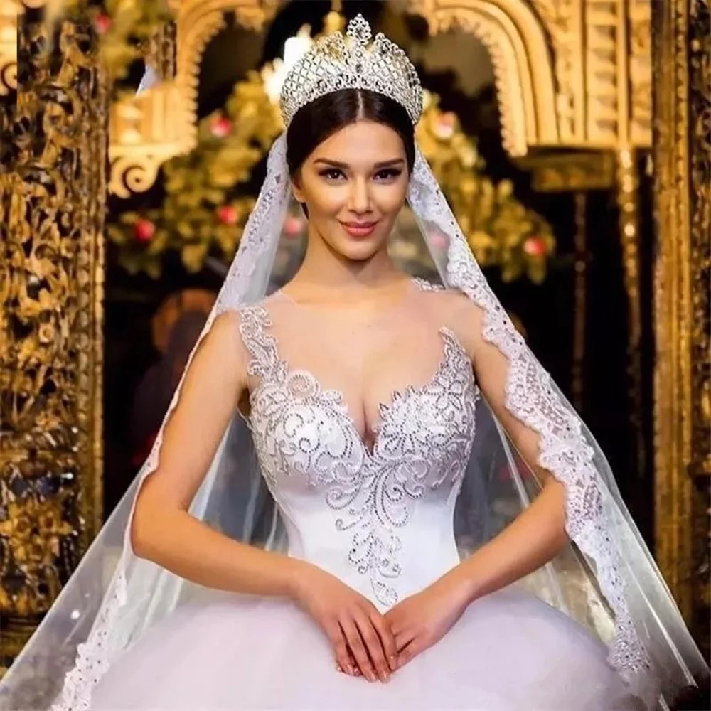 

Великолепное бальное платье, свадебные платья, кружевное платье невесты с аппликацией из бисера, Женская праздничная одежда на заказ с круглым вырезом