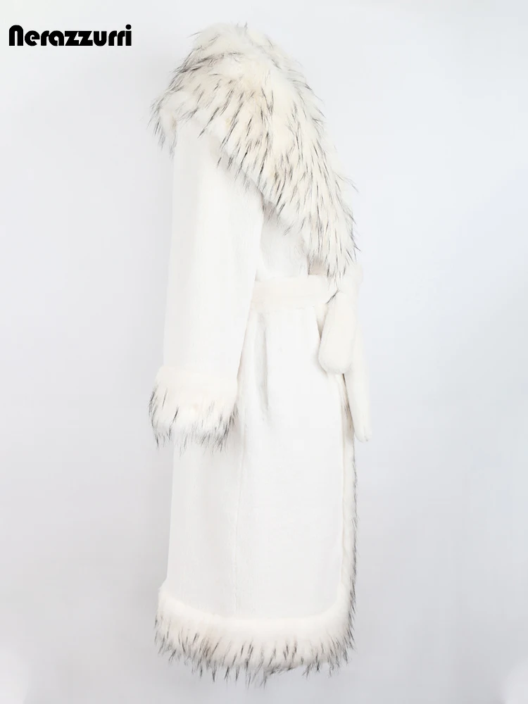 Nerazzurri Winter Long White Thick Warm Luxury Elegant Fluffy Faux Fur Coat Women with Fox Fur Trim Sashes European Fashion 2022