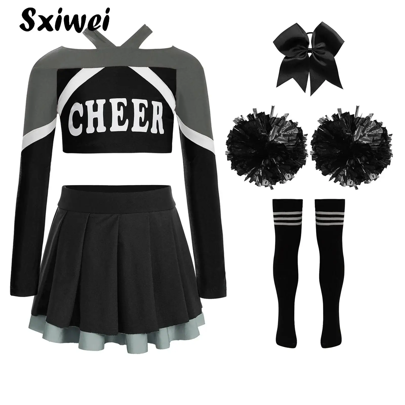 

Girls Cheerleader Costume Halloween Cheerleading Dance Outfit Long Sleeve Crop Top with Pleated Skirt Pom Poms Hair Clip Socks