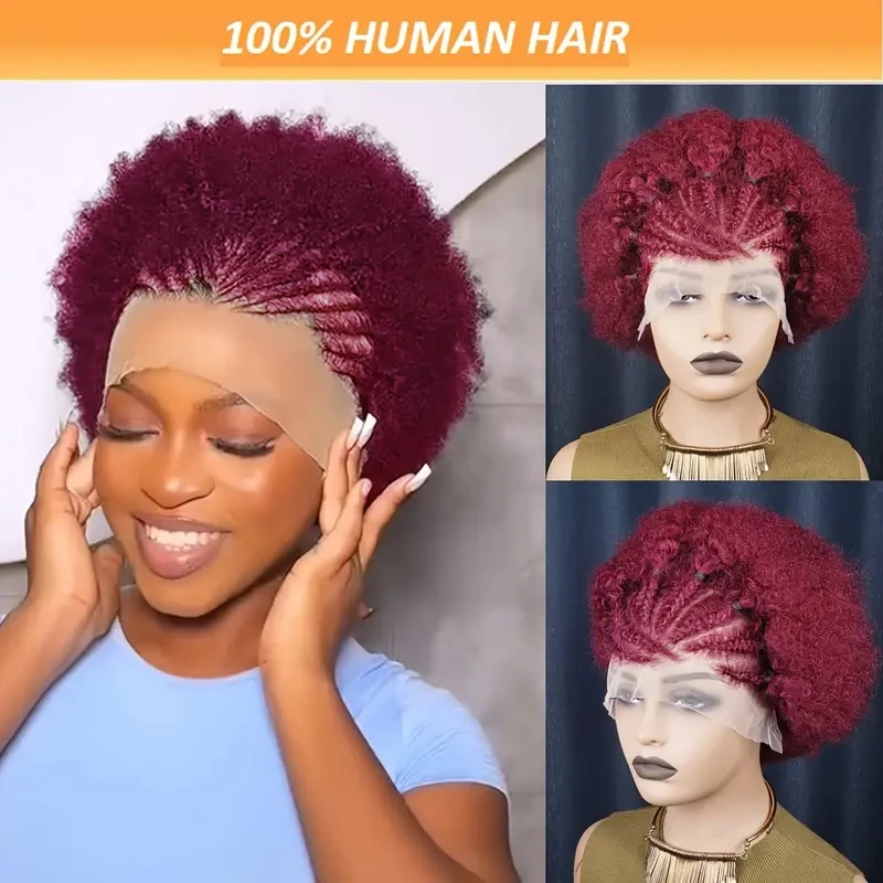 

13x4 Lace Front Short Afro Kinky Curly Wig Human Hair Brazilian 99J Cornrow Braid Lace Wig Burgundy Afro Curly Human Hair Wig