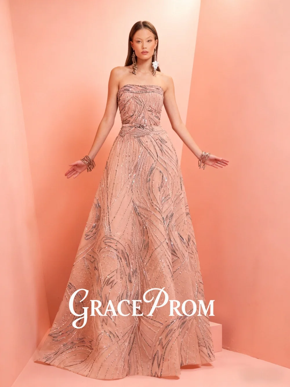 فستان سهرة GraceProm مذهل وردي أحمر الخدود بدون حمالات أنيق لامع ترتر بطول الأرض فستان سجاد رسمي للحفلات #1