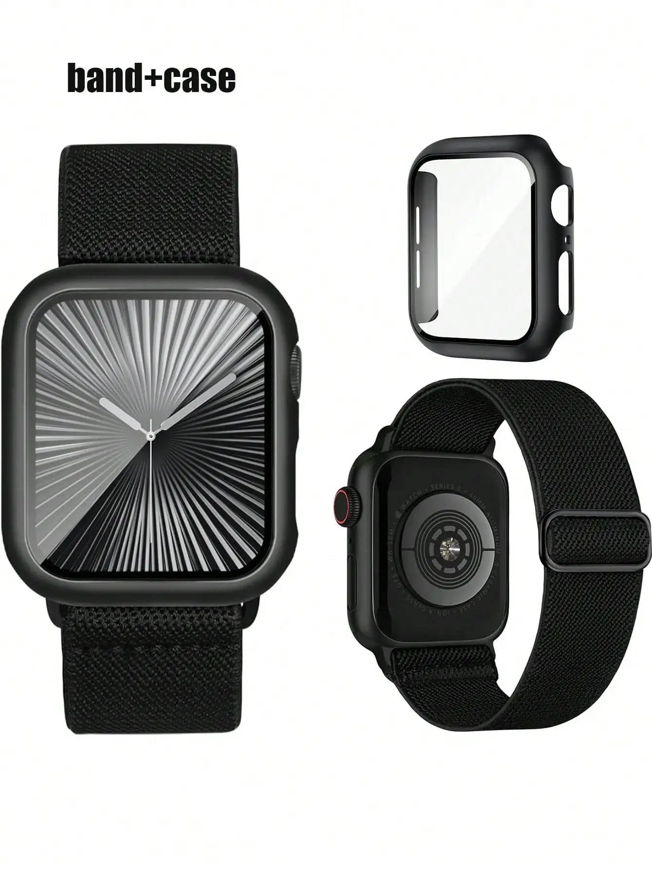 

2-In-1 Nylon Sports Watch Band And Case, Compatible With Apple Watch Bands And Cases In Sizes 40mm, 41mm, 42mm, 44mm, 45mm, 46mm, And 49mm. Soft, Breathable, And Elastic Sports Watch Band. Shock-Resistant And Scratch-Resistant PC And Tempered Glass 2-In-1