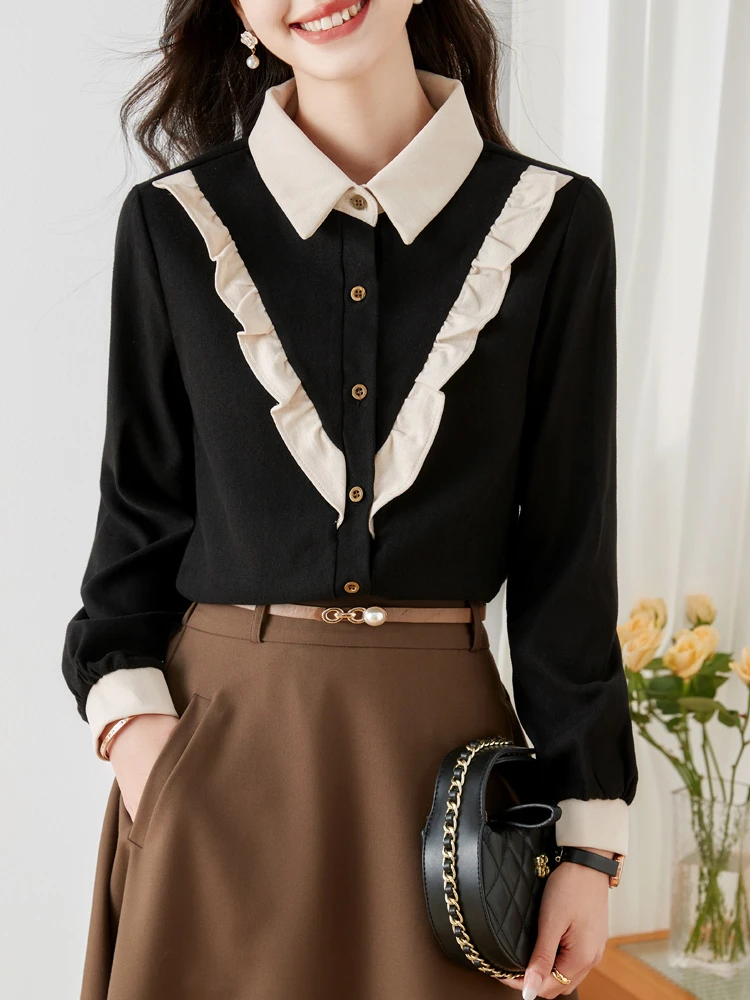 Chic Corduroy Spliced Ruched Shirts Women Fashion Loose Leisure All-match Plus Velvet Tops Ladies Elegant Young Popular Ins New